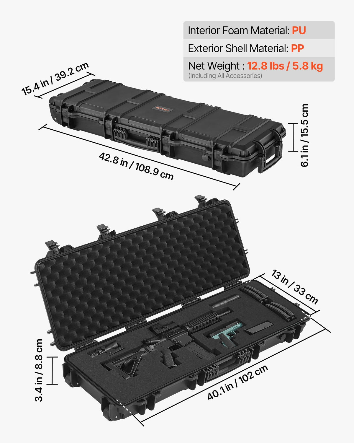 40" Hard Rifle Case, Lockable Rifle Case with Pre-cut Foams, Gun Storage with Wheels, IP67 Waterproof & Dustproof Movable Large Pistol Storage for Rifles, Shotguns, Airsoft Guns