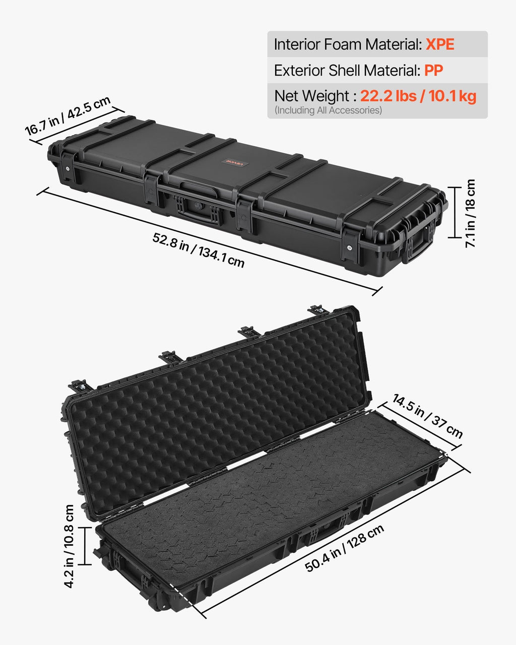 50" Black Hard Rifle Case, Lockable Rifle Case with Detachable XPE Foam, Gun Storage with Wheels, IP67 Waterproof & Dustproof Pistol Storage Cases for Rifles, Shotguns, Airsoft Guns