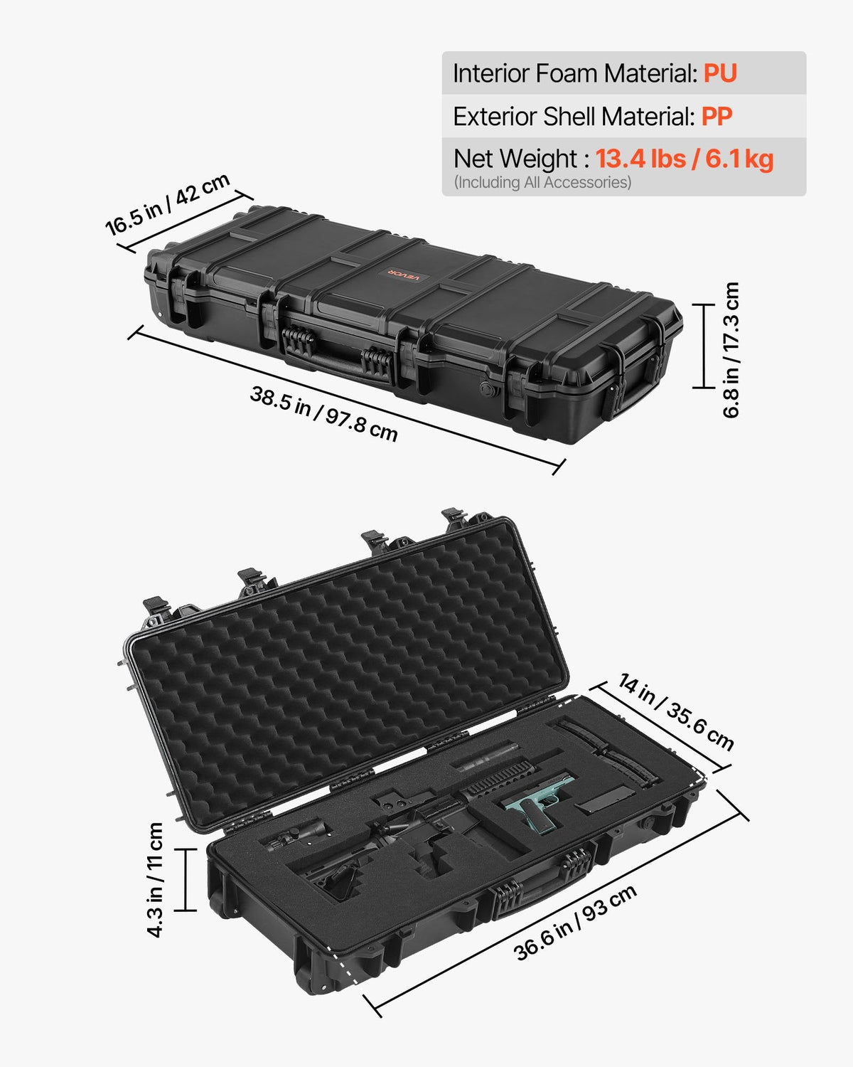 36" Hard Rifle Case, Lockable Rifle Case with 4 Layers Pre-cut Foams,Gun Storage with Wheels, IP67 Waterproof & Dustproof Pistol Storage Cases for Rifles, Shotguns, Airsoft Guns