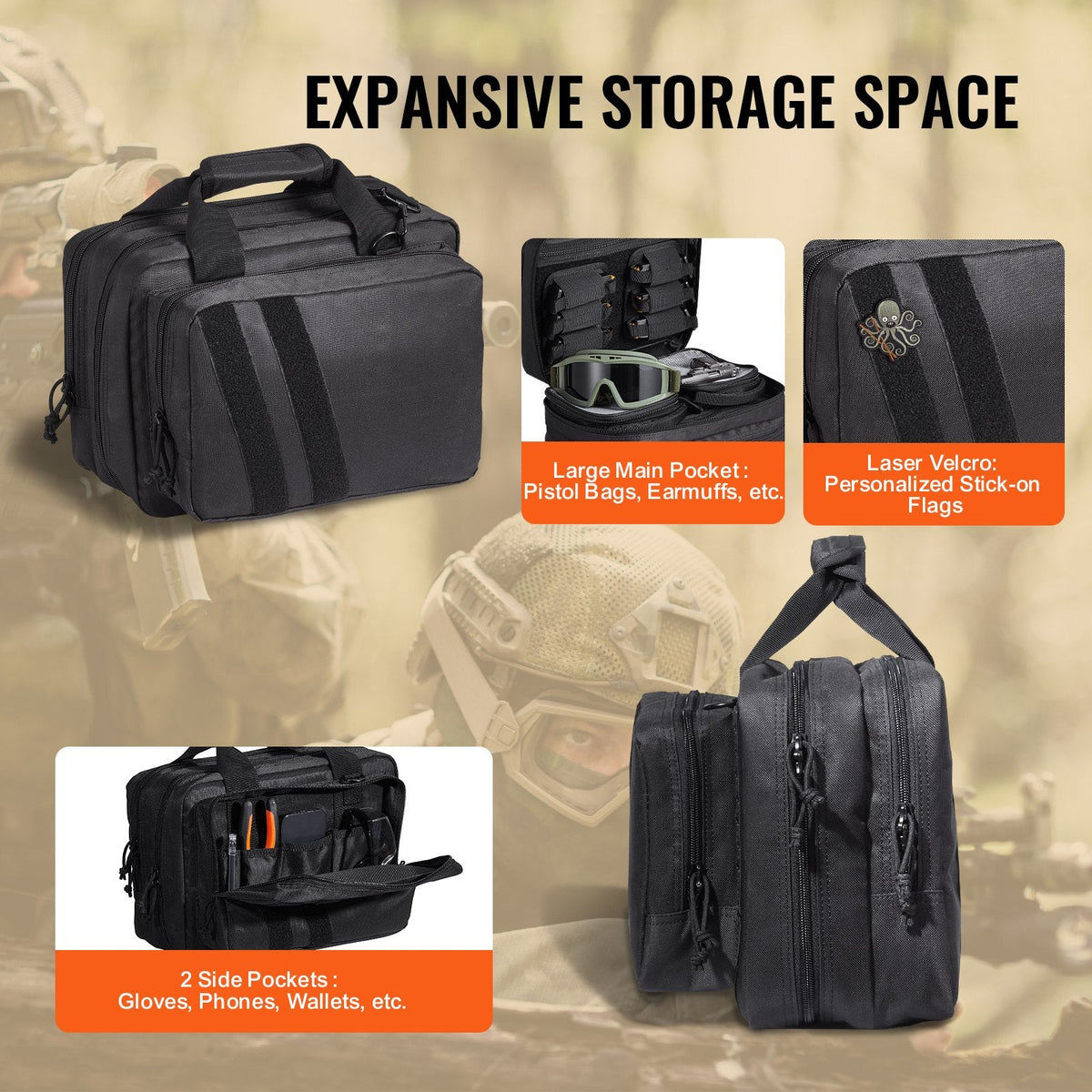Range Bag for 2 Pistols, Tactical Gun Bag with 2 Built-in Removable Pistol Bags & 6 Detachable Magazines, Gun Range Bag for Outdoor Hunting Shooting, Lockable Carrying Handgun Bag Case