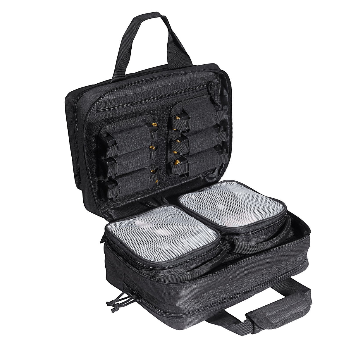 Range Bag for 2 Pistols, Tactical Gun Bag with 2 Built-in Removable Pistol Bags & 6 Detachable Magazines, Gun Range Bag for Outdoor Hunting Shooting, Lockable Carrying Handgun Bag Case