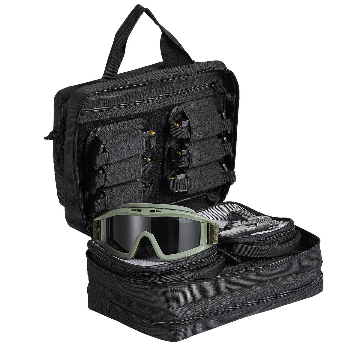 Range Bag for 2 Pistols, Tactical Gun Bag with 2 Built-in Removable Pistol Bags & 6 Detachable Magazines, Gun Range Bag for Outdoor Hunting Shooting, Lockable Carrying Handgun Bag Case