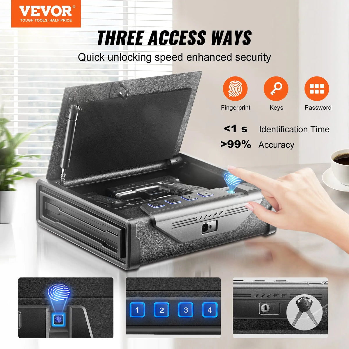 Gun Safe for Pistols, Biometric Gun Safe with Three Quick Access Ways of Fingerprints, Passwords and Keys, Handgun Safe for 2 Pistols for Home, Bedside, Nightstand, Car
